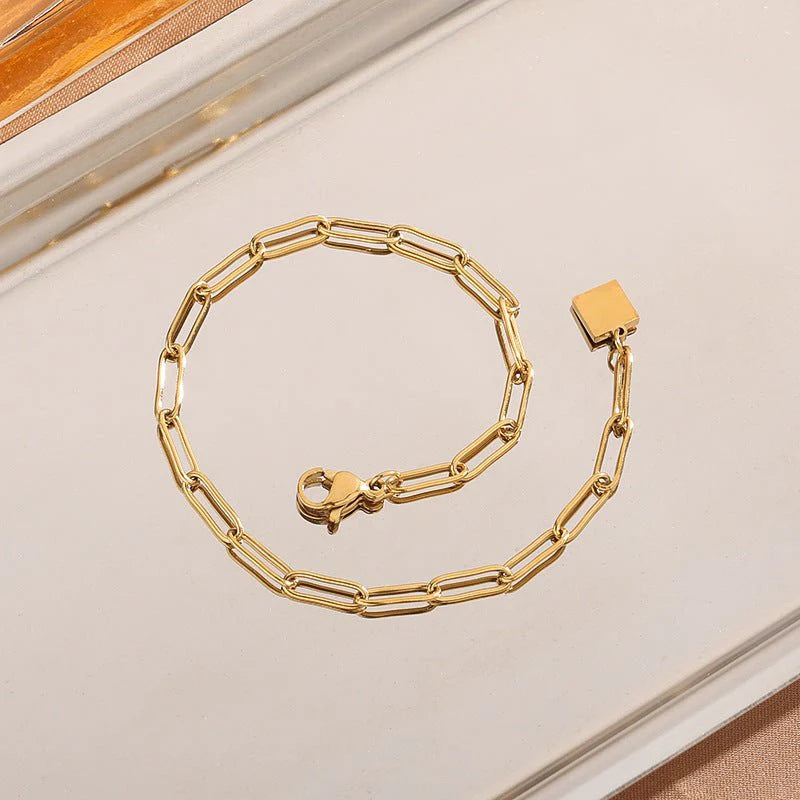 Simple Chunky Chain Bracelet With A Small Square Plate In A Japanese-Korean Style